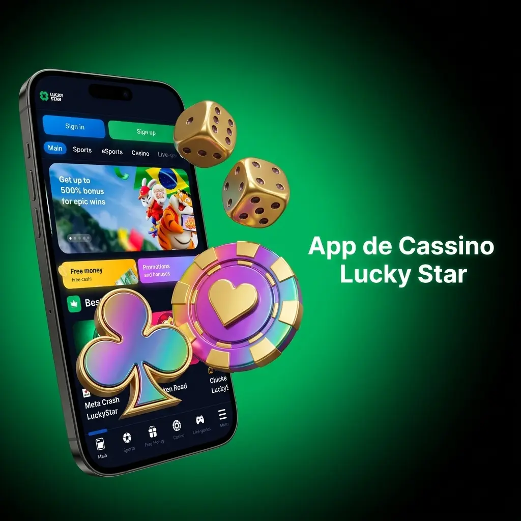 Interface do app Lucky Star Cassino com mais de 7.000 jogos de slots, cassino ao vivo e crash games