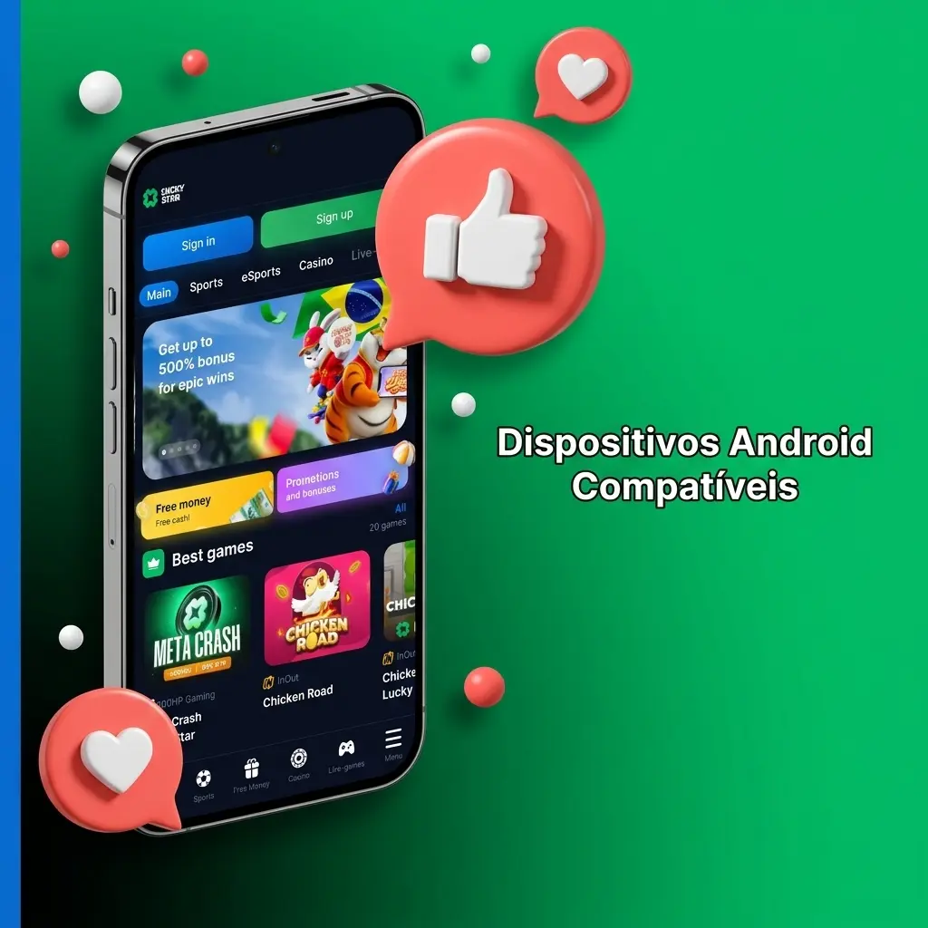 Dispositivos Android compatíveis com o app Lucky Star, incluindo Samsung, Motorola, Xiaomi e outros modelos populares no Brasil