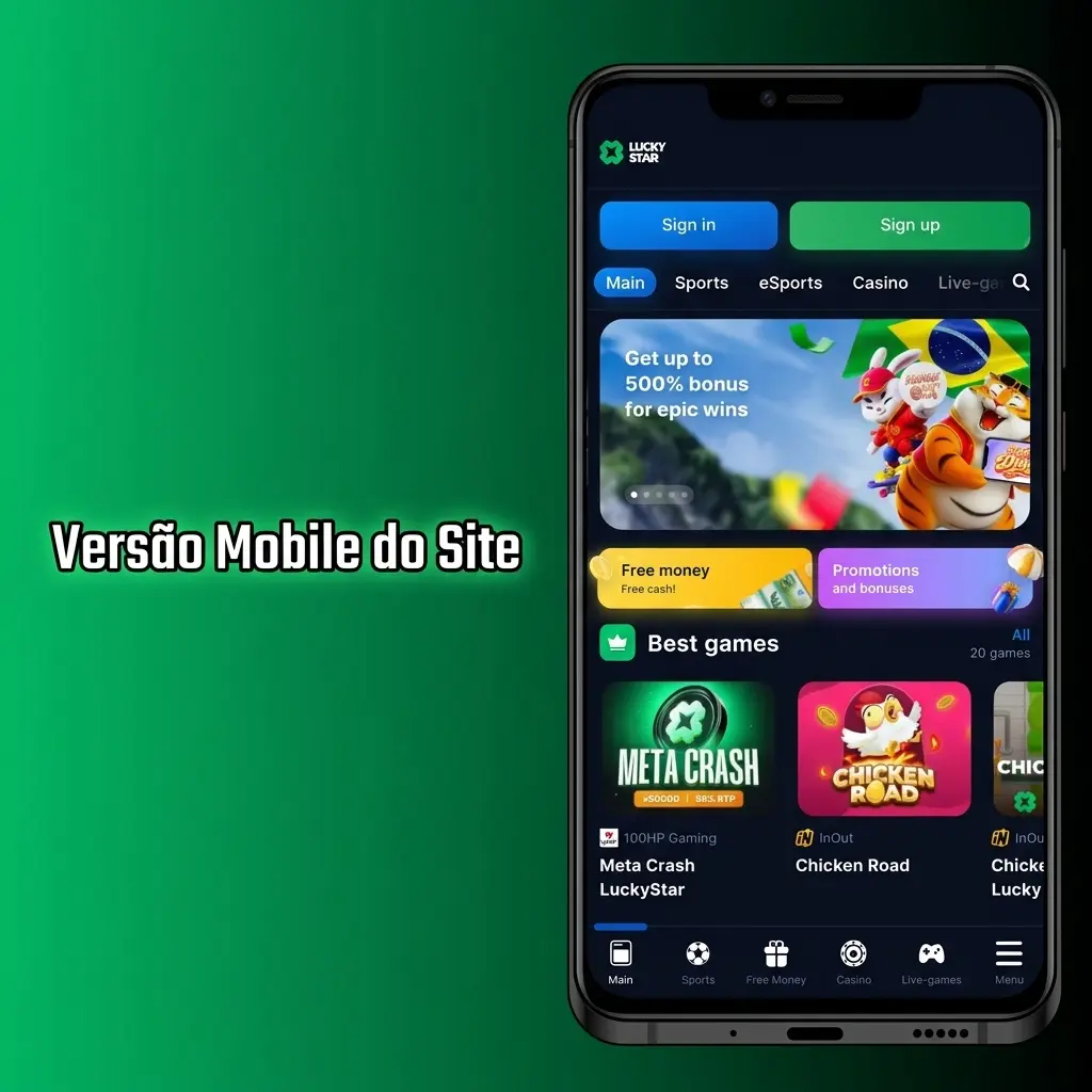 Site mobile Lucky Star responsivo com apostas esportivas, cassino ao vivo e slots acessíveis pelo navegador