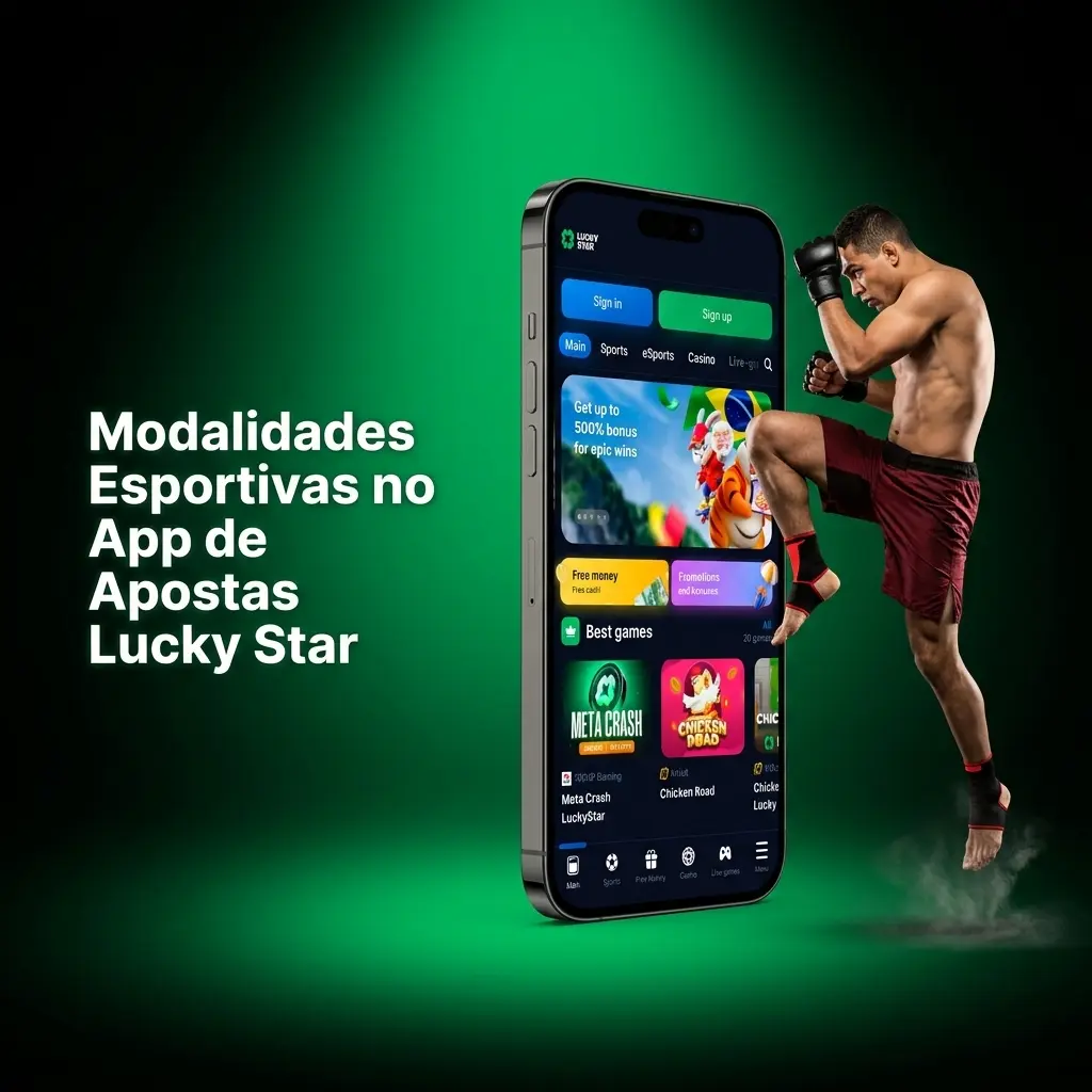 Modalidades esportivas no app Lucky Star: futebol, basquete, tênis, MMA, F1, eSports e mais, ao vivo e pré-jogo.