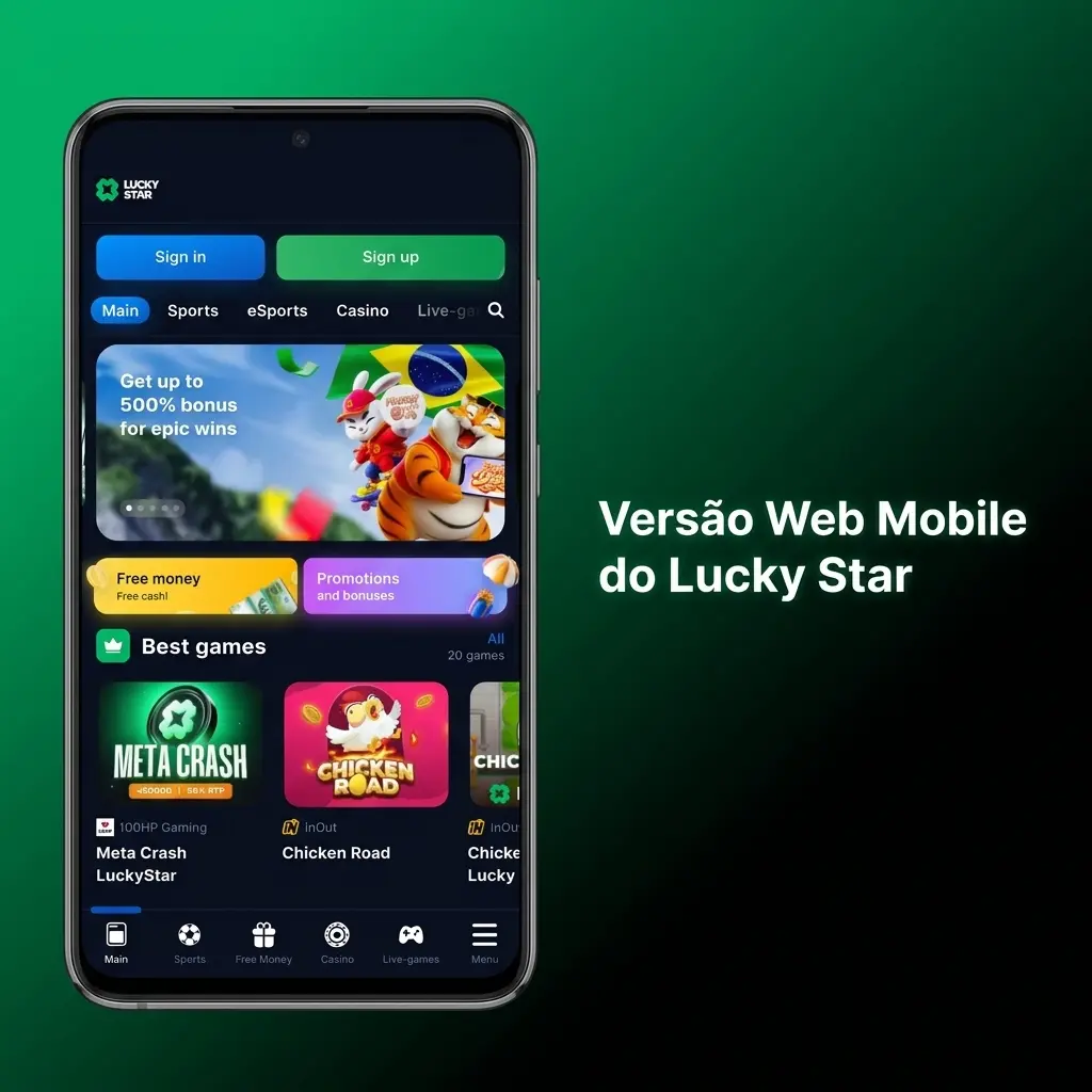 Versão web mobile do Lucky Star adaptada para navegadores com acesso a jogos, cassino ao vivo e apostas esportivas